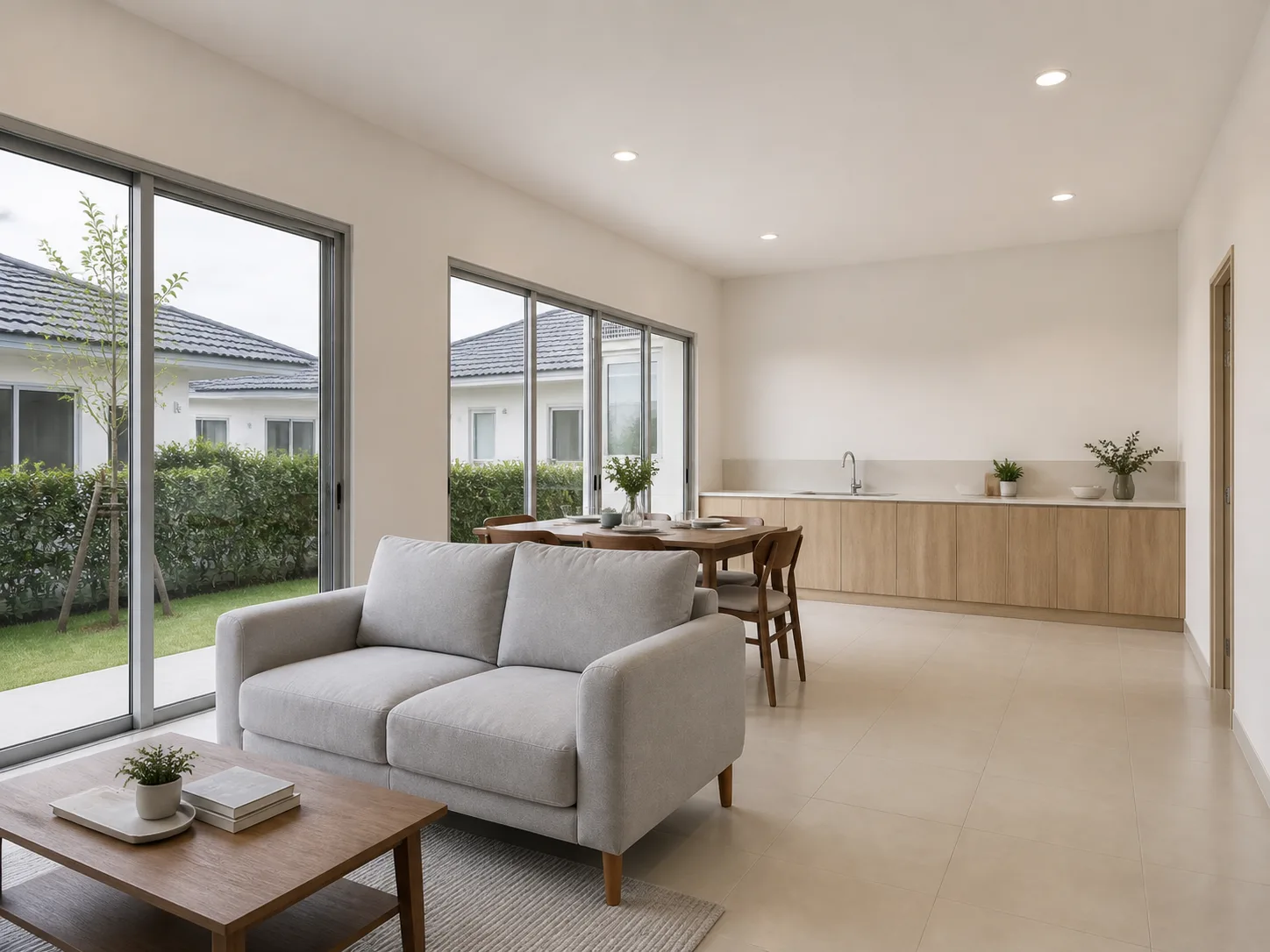 Render: the House 2 open living and kitchen — full-scale furniture, lower-only timber-look kitchen units, full-height terrace doors, white walls, pale porcelain floor.