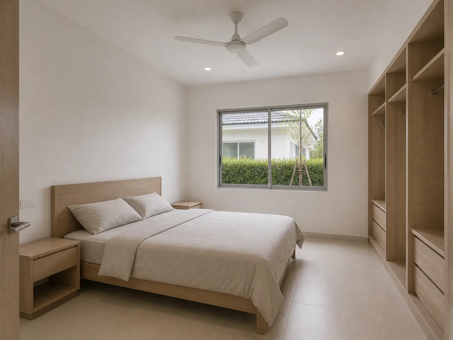 Render: the House 2 master bedroom — a full-size bed, a built-in wardrobe carcass along one wall, an aluminium window onto a side garden, a ceiling fan.