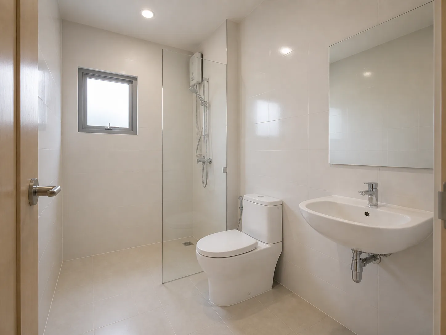 Photograph of the House 3 show-home main bathroom — white wall tile to the ceiling, a wall-hung basin, a glass shower screen, a small frosted window.