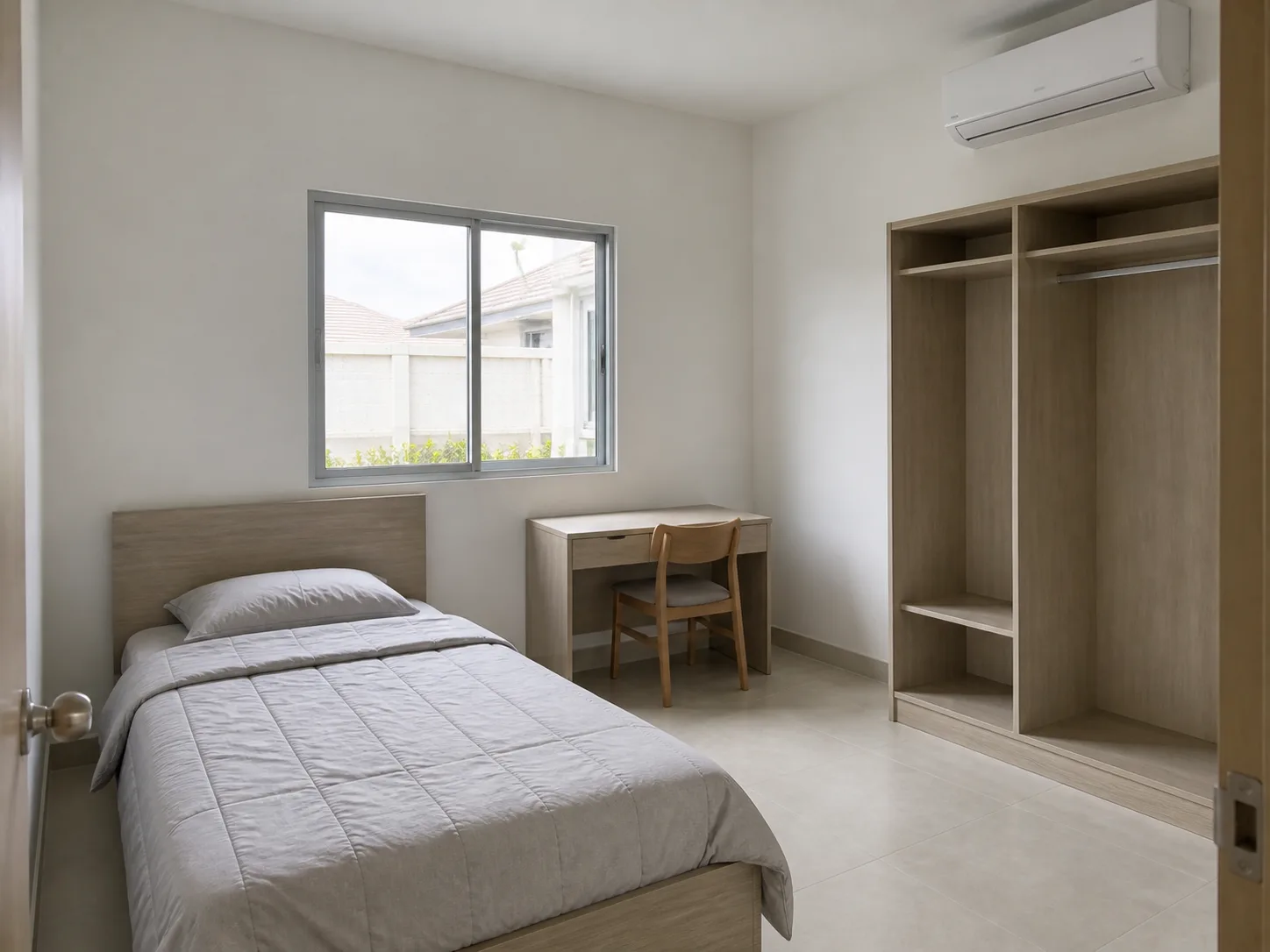 Photograph of the House 3 show-home second bedroom — a small bed, a desk under the window, a built-in wardrobe carcass with no doors fitted.