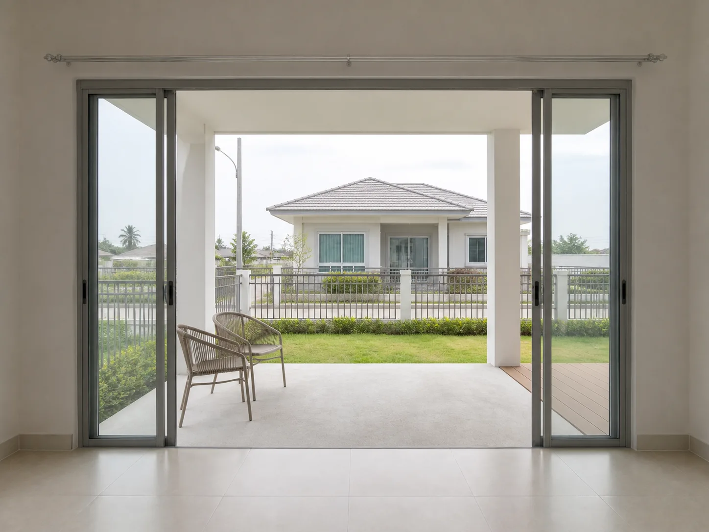 Photograph from inside the House 3 living room looking out through the open terrace doors onto the covered front terrace, the low front fence and a neighbouring single-storey house beyond.