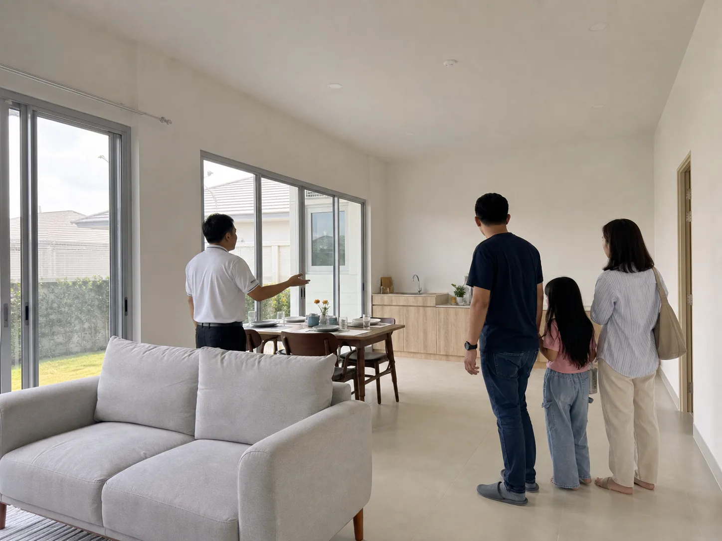 Photograph of the House 3 show-home living and kitchen, shot at true furniture scale, a sales staff member showing a family around.